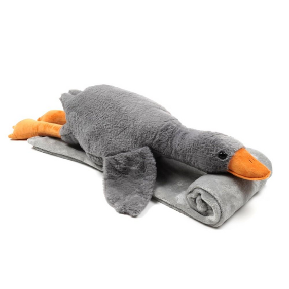 М'яка іграшка подушка з пледом усередині Гусак-обнімусь 93 см, затишний сірий гусак