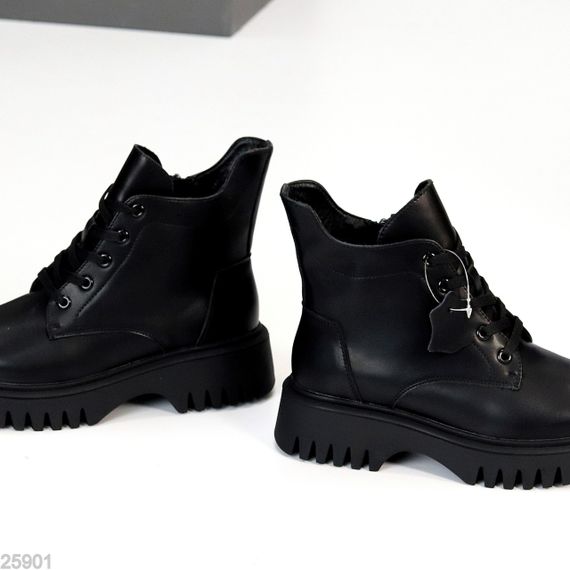 Чорні зимові черевики натуральна шкіра сучасний дизайн | Зображення 2