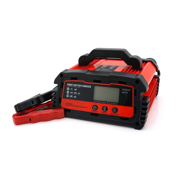Автоматичний ЗП для акумулятора DEMUDA 12V/24V (WET, AGM, GEL), AC110/220V, DC14,8В/29,6В, Струм заряду 12V/20A, 24V/10A, LCD, затискачі