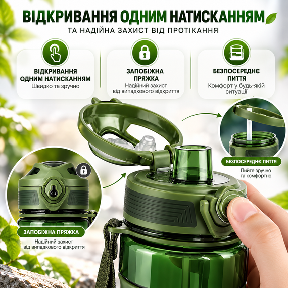 Бутылка для воды KANGZYUAN 650 мл спортивная зеленая из тритана Tritan BPA Free ударопрочная с эргономичной крышкой | Зображення 5