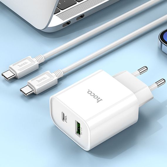 СЗУ Hoco C80A Plus Rapido PD20W+QC3.0 (1USB-A/1C) + кабель Type-C to Type-C White | Зображення 6