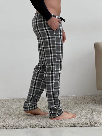 Домашня піжама для чоловіків COSY із фланелі (штани+лонгслів чорний) в клітину сірі | Зображення 4