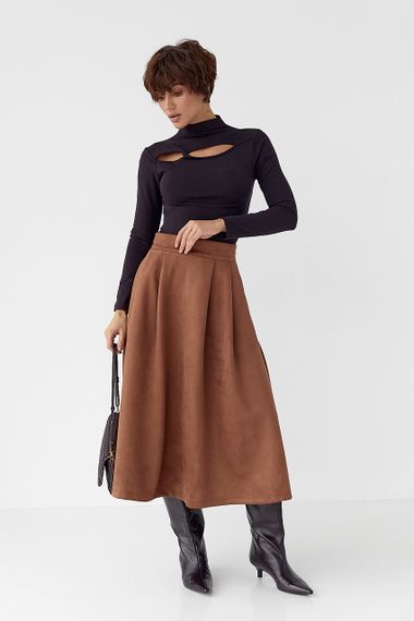 Замшева пишна спідниця довжини міді - коричневий цвет, L (є розміри) | Зображення 2