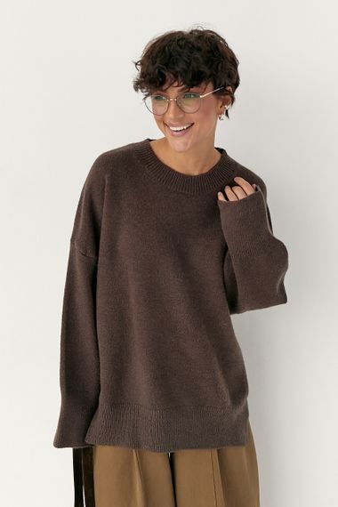Вільний в'язаний джемпер із розрізами - коричневий цвет, ONE SIZE (є розміри) | Зображення 4