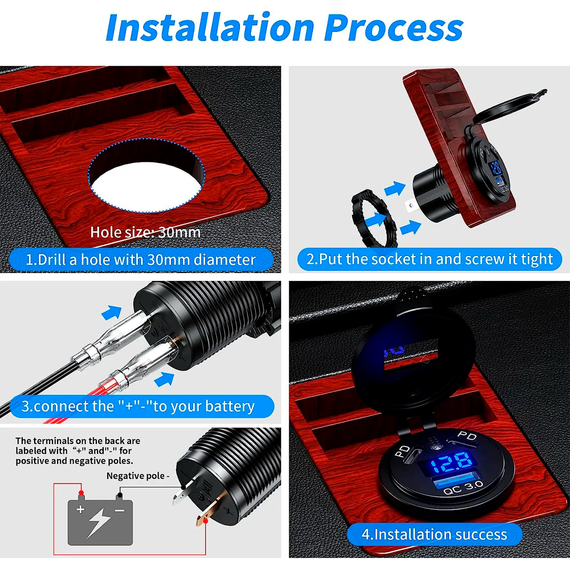 Автомобильная врезная быстрая зарядка USB QC 3.0 с вольтметром и двумя TYPE-C (DS2013-P28) | Зображення 2