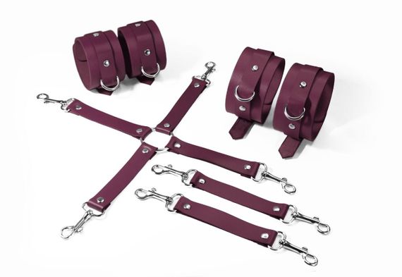 Набір для БДСМ 3 в 1 Feral Feelings BDSM Kit 3 Burgundy, burgundy, наручники, поножі, хрестовина sexstyle