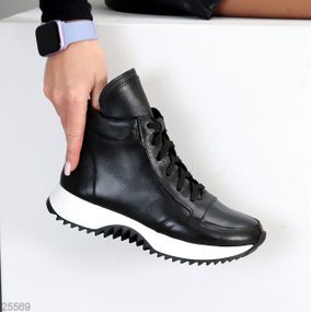 Шикарні чорні шкіряні спортивні черевики з білою шнурівкою