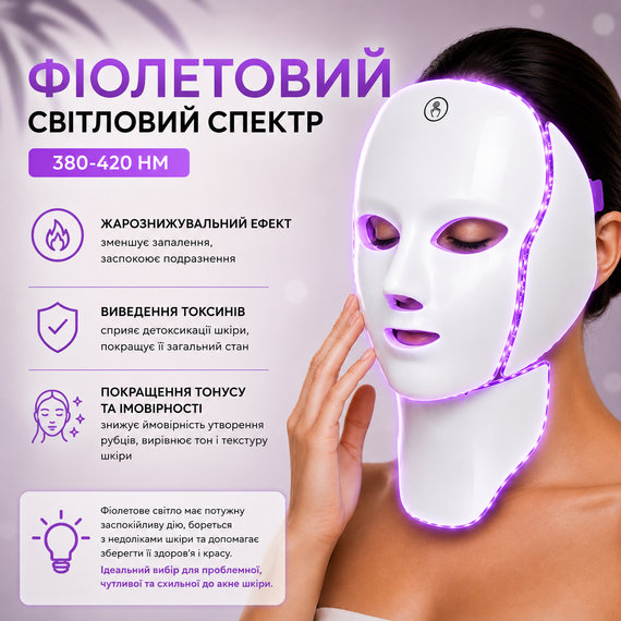 Світлодіодна LED-маска для обличчя та шиї (138 LED, 7 кольорів) — прилад для фототерапії, від акне, зморшок і розширених пор, USB | Зображення 9