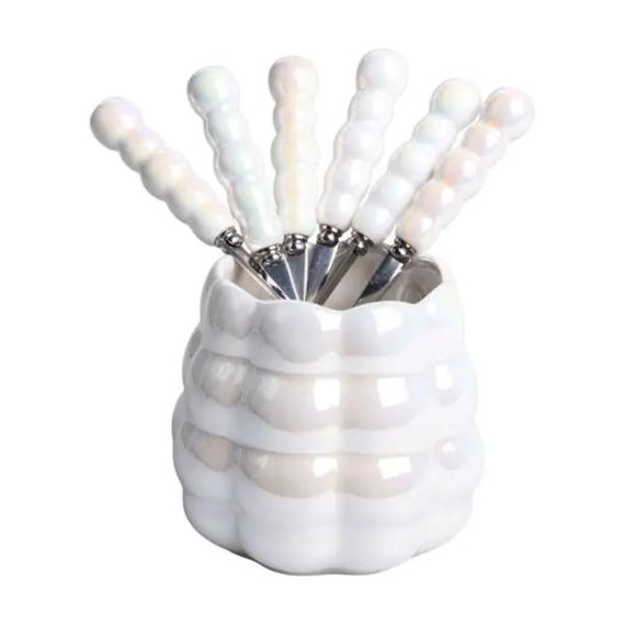 Набор вилок и ложек десертных на 3 персоны с подставкой из фарфора 7 предметов Перламутровый HP-20-62 | Зображення 2