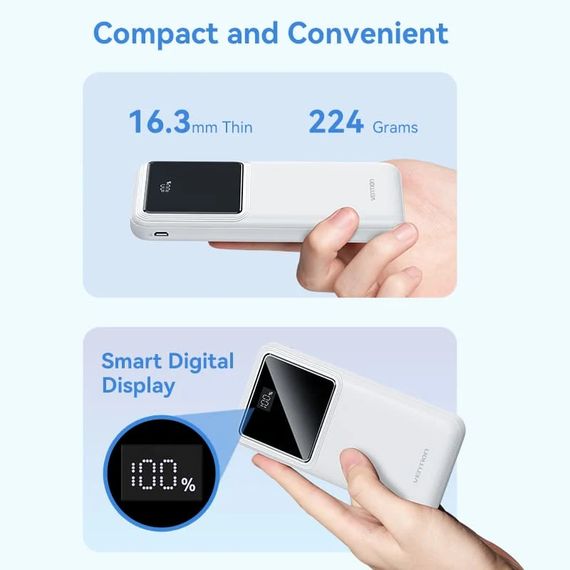 УМБ Vention 10000mAh 22.5W 3A PD,QC3.0, Micro-USB,USB-C,2xUSB-A, LED Display,White | Зображення 5