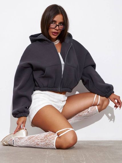 Женское теплое укороченное худи на флисе с рожками LU607, цвет темно-серый (графит), размер 42/44 | Зображення 3