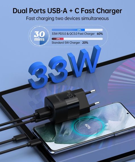 Мережевий зарядний пристрій Choetech PD5006-EU-BK, USB-A/USB-С | Зображення 2