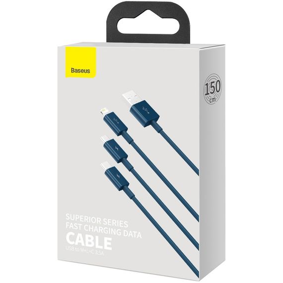 Дата кабель USB 2.0 AM to Lightning + Micro 5P + Type-C 1.5m 3.5A blue Baseus (CAMLTYS-03) | Зображення 5