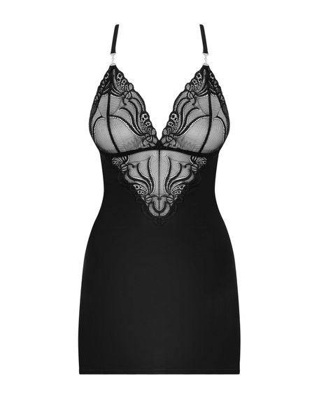 Сатиновий комплект для сну з мереживом Obsessive 828-CHE-1 chemise & thong, чорний, сорочка, стр, S/M | Зображення 4