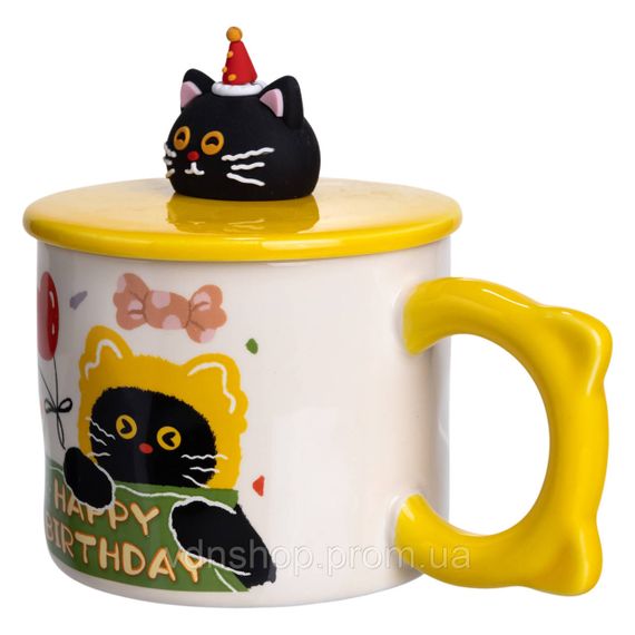Чашка порцелянова з кришкою Kitten's Birthday 400 (мл) подарункова кружка прикольна чашка для дітей на подарунок Жовтий FM-24B | Зображення 3