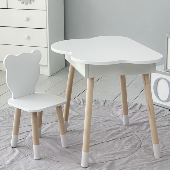 Новинка! Дитячий білий столик хмаринка з нішею і стільчик ведмедик білий 65480
