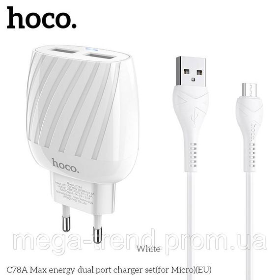 Адаптер мережевий Hoco Micro USB Cable Max energy C78A |2USB, 2.4A| | Зображення 4