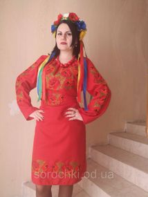 Платье женское  с вышивкой , цветы , "маки красные" . красное,габардин