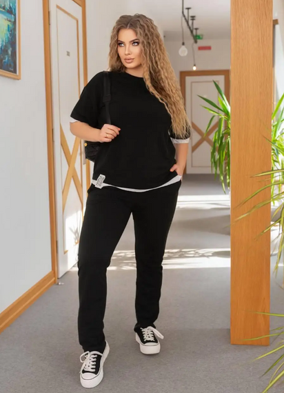 Женский летний спортивный прогулочный костюм футболка + штаны GF07925 размер 42/44, цвет черный