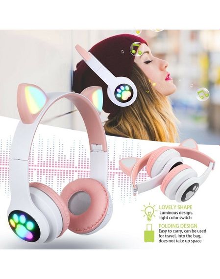 Навушники бездротові Cat Ear VZV-24M Bluetooth з різнокольоровим LED підсвічуванням та котячими вушками Рожеві | Зображення 3