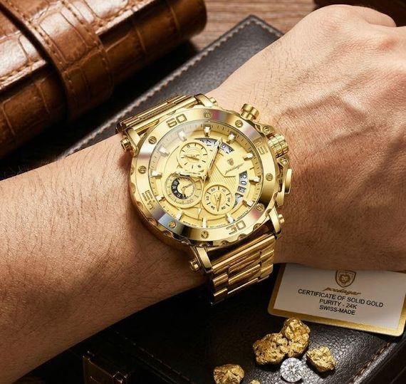Мужские наручные часы Poedagar 892 Gold со светящимися в темноте стрелками золотистый металлический браслет | Зображення 6