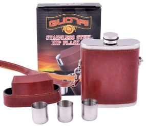 Фляга из пищевой нержавеющей стали обтянута кожей (256мл/ 9oz.) + рюмки BZ-9 Коричневая