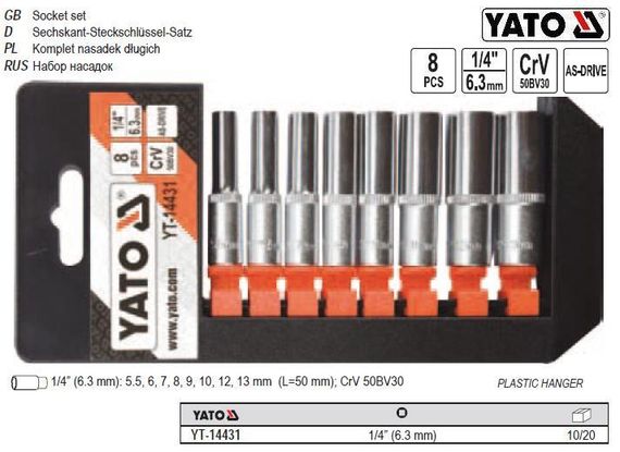 Набор головок торцевх удлиненных YATO Польща 1/4" М 5,5-13 l=50 мм 8 штук YT-14431