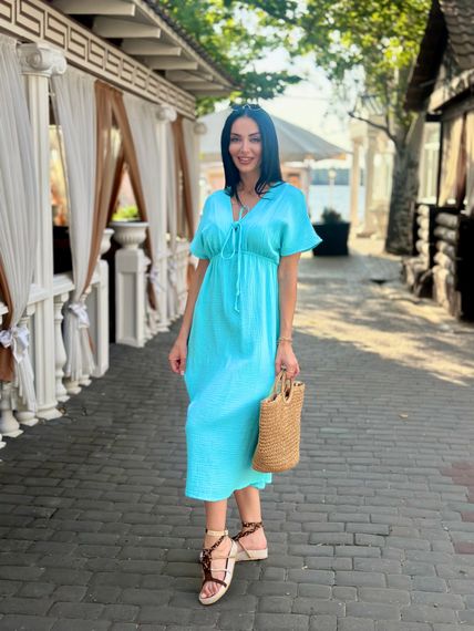 Жіноча довга літня сукня з мусліну легка із завищеною талією розмір 50/52 колір блакитний  GF58774 | Зображення 3