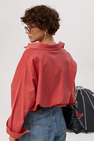 Вельветова однотонна сорочка оверсайз - рожевий цвет, ONE SIZE (є розміри) | Зображення 1