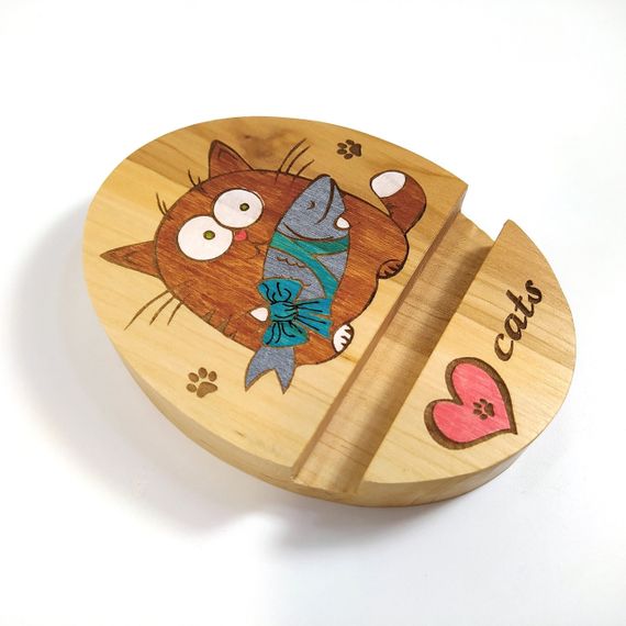 Подставка держатель под телефон смартфон планшет Love cats 9х12х2 см Мастерская мистера Томаса дерево лак | Зображення 2