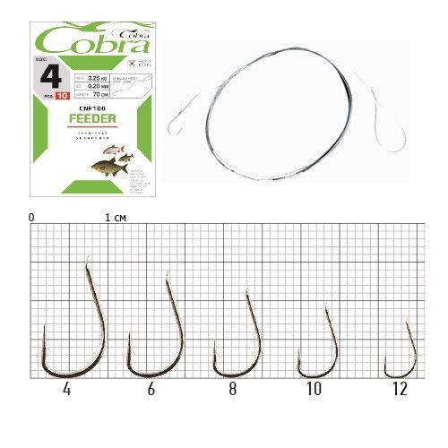 Крючки рыболовные с поводком Cobra Кобра FEEDER 70cm, 0,14mm, разм.10, 10 шт в упаковке.
