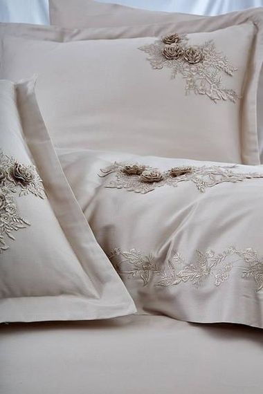 Постільна білизна з вишивкою та гіпюром Dantela vita Safir bej Сатин Бавовна Євро розмір (4 наволочки)