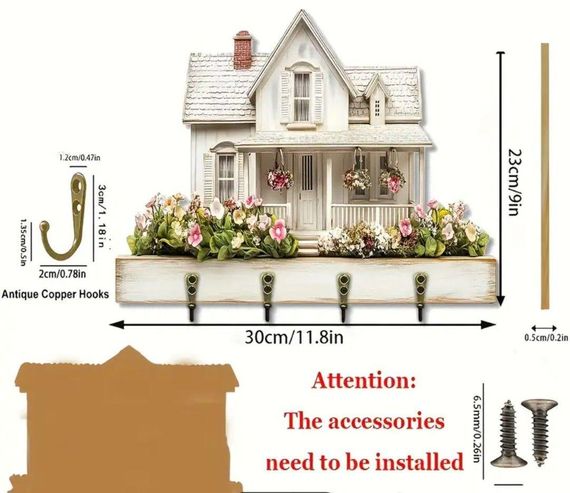 Ключница настенная в форме деревянной виллы, 2D дизайн, 4 металлически  крючка  30*23 | Зображення 1