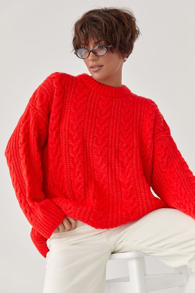 В'язана жіноча кофта в косички - червоний цвет, ONE SIZE (є розміри) | Зображення 4