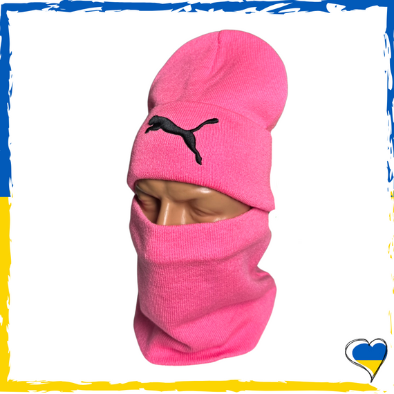 Комплект Puma розовый шапка и бафф на флисе унисекс. Набор теплый. Мужской, женский, подростковый, детский