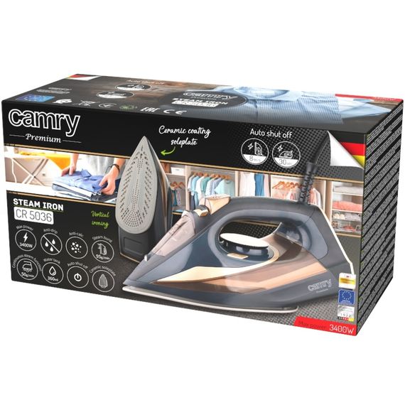 Праска Camry CR 5036 black-gold 3400Вт/ 360 мл/ кераміка/ ''Крапля-стоп''/автовимкнення/ чорна