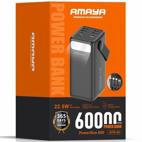 Портативний ЗП Power Bank Amaya APB-60 22.5W flashlight with cable 60000 mAh Black | Зображення 1
