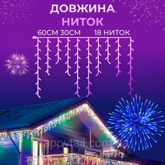 Гірлянда вулична світлодіодна 90 LED 3 метри білий дріт бахрома 18 ниток 3МWML | Зображення 3
