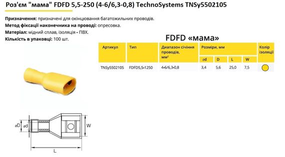 Роз'єм "мама" FDFD5,5-250 (4-6/6,3-0,8) жовтий Ny95502105 | Зображення 1