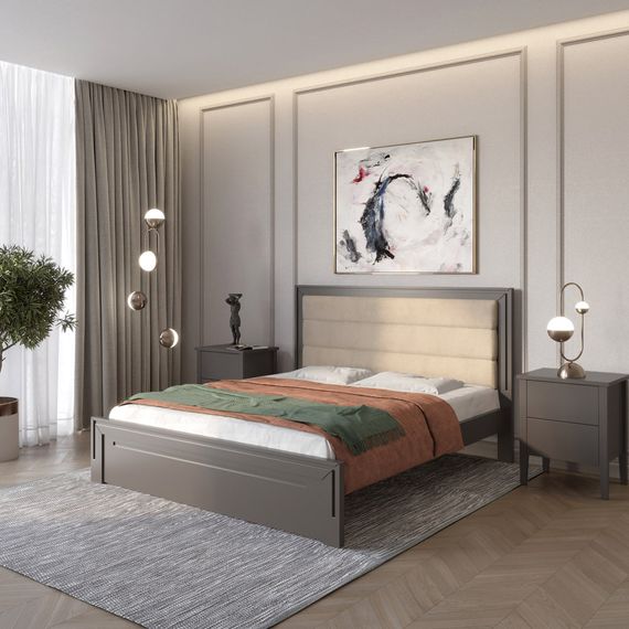 Двоспальне дерев&#039;яне ліжко Mebigrand Торонто Т5 Графітовий (RAL9011)/Аляска 23 (бежевий) 140х200 см (MBG-10580)