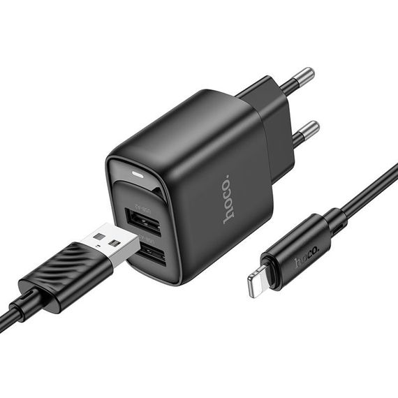 МЗП Hoco C141A Smart 2.1A (2USB-A) + кабель USB to Lightning Black | Зображення 1
