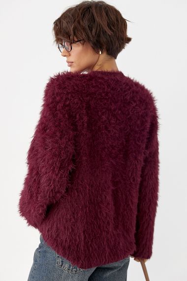 Тепла вільна кофта зі штучного хутра - бордо цвет, ONE SIZE (є розміри) | Зображення 1