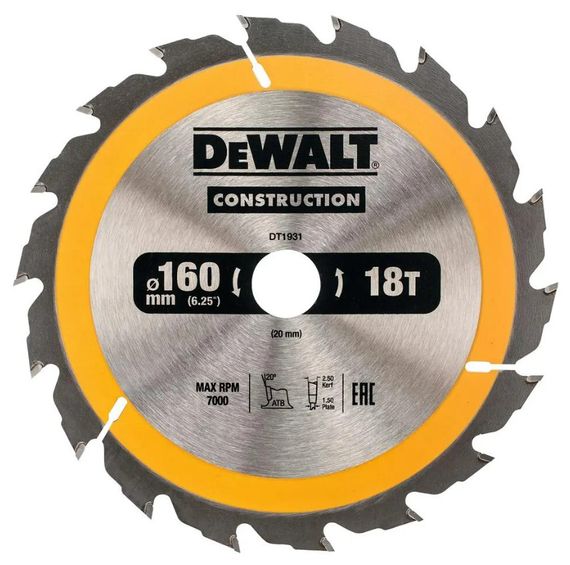 Диск пилковий DeWALT СONSTRUCTION 160 х 20 мм (DT1931)
