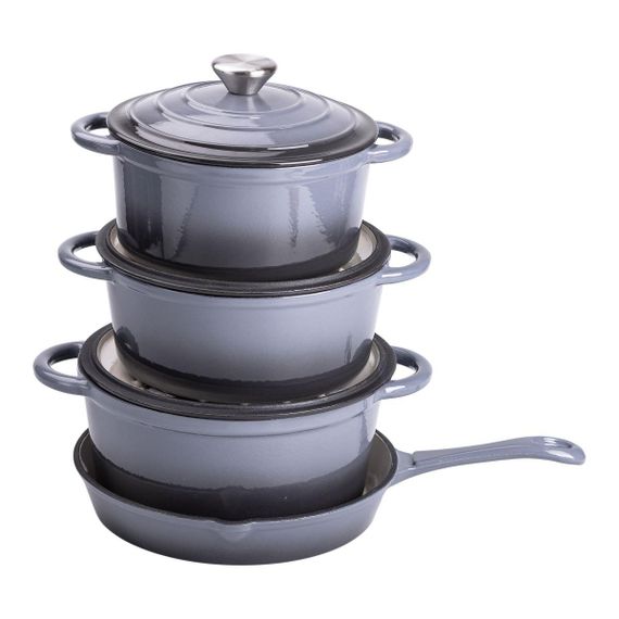 Набір чавунного посуду для приготування 3 каструлі та сковорода з емальованим покриттям Сірий HP-1-5 | Зображення 2