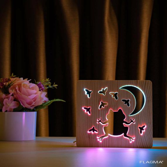 Светильник ночник ArtEco Light из дерева LED "Лягушка и сверчки" с пультом и... | Зображення 2