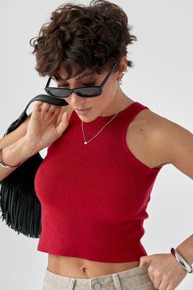 В'язана коротка майка в рубчик - червоний цвет, ONE SIZE (є розміри) | Зображення 1