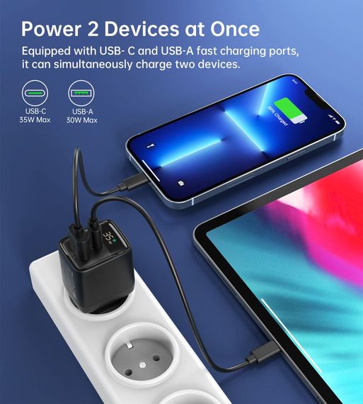 Мережевий зарядний пристрій Choetech PD6052-EU-BK, USB-A/USB-С | Зображення 6