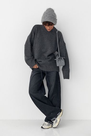 Однотонна в'язана кофта з широкими рукавами - темно-сірий цвет, ONE SIZE (є розміри) | Зображення 2