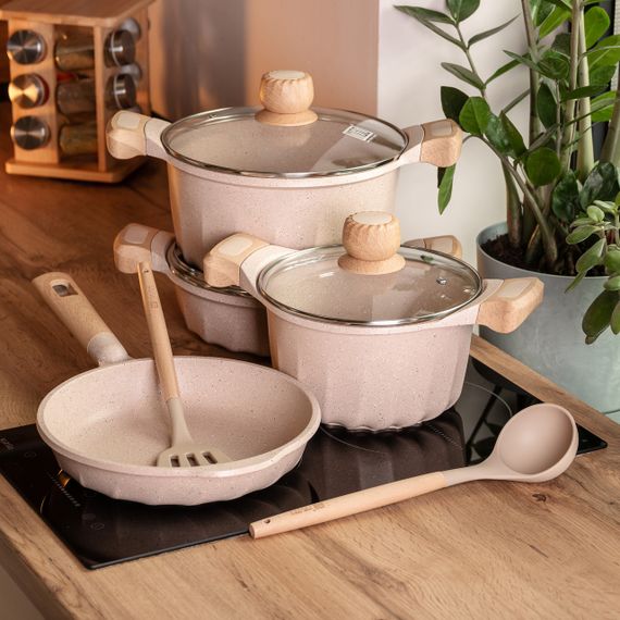 Набір посуду, 3 каструлі, сковорода, алюмінієва товстодонна MGC з лопаткою та ополоником, бежевий HP-4-401CR | Зображення 4