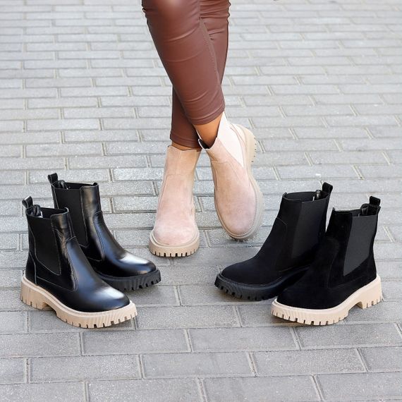 Стильні чорні шкіряні зимові черевики челсі на бежевій підошві | Зображення 8